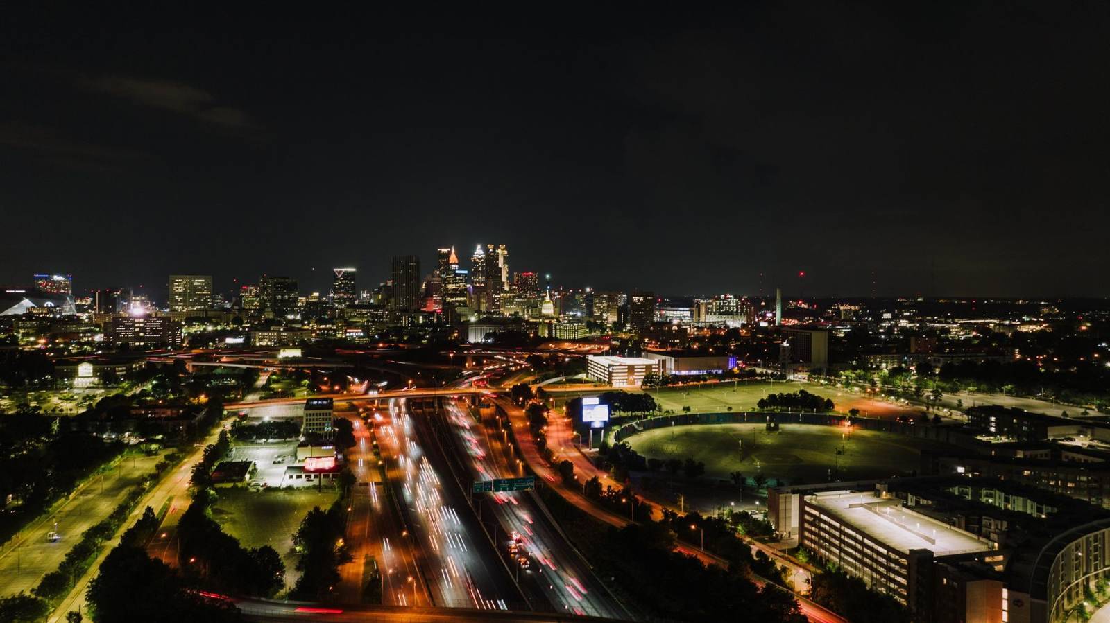 Highway traffic light trails at night in Atlanta